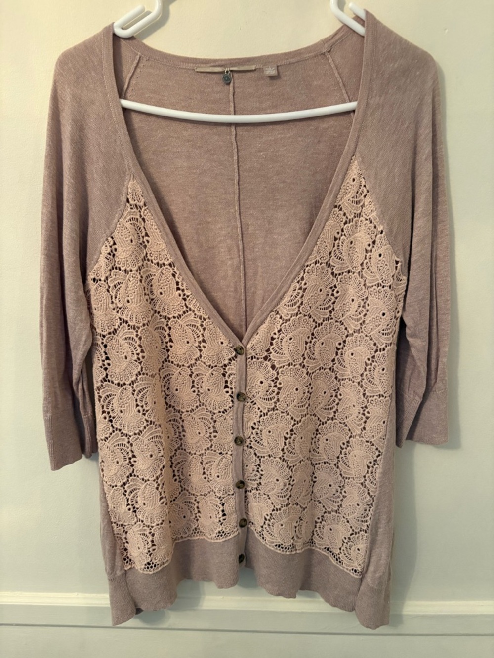 Knitted Knotted Cardigan  Lace V Neck Button Up 3/4 Sleeve Sweater Sz L